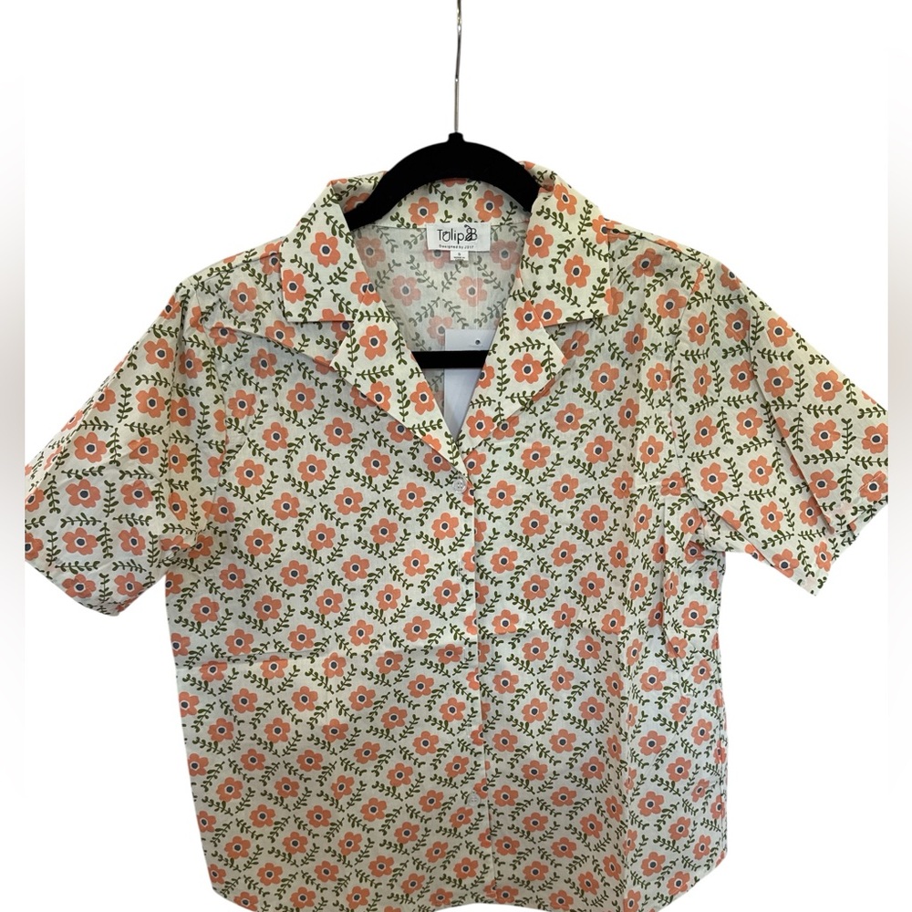 Tulip B Orange Floral Short-Sleeve Button-Down Shirt 100% Cotton